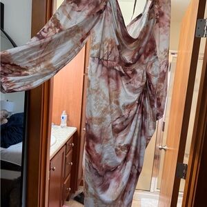 SHEIN Long Sleeve Tie-Dye Dress in Brown and Cream